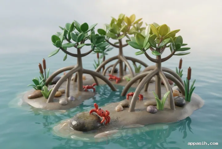 Detailed 3D plastic toy style mangrove tide pool from a low three-quarter view, with tiny red crabs, curved roots, glossy foliage, smooth stones, and reflective shallow water.