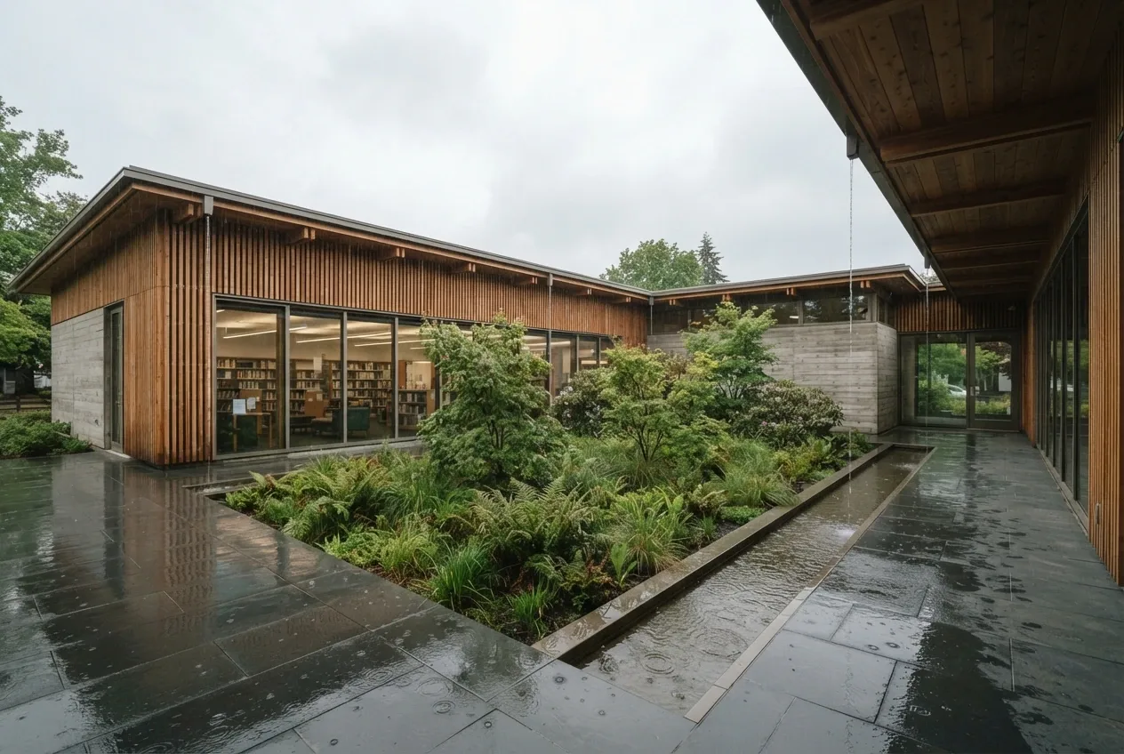 Contemporary courtyard library pavilion with timber screens, rain gardens, wet stone paving, and a shallow rainwater collection channel during light rain.