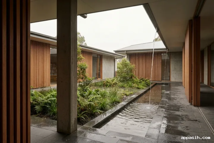 Closer editorial view of the same rain-harvesting courtyard library pavilion with timber screens, concrete columns, wet paving, planted rain gardens, and water spilling into a shallow channel.