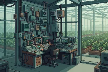 Retro pixel art smart greenhouse control room with sensor consoles, irrigation equipment, a seated technician, and rows of plants behind glass.