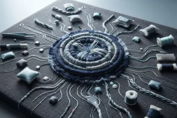 Embroidered quantum sensor module surrounded by conductive-thread circuits and fiber-optic textile components in a handcrafted technology laboratory.