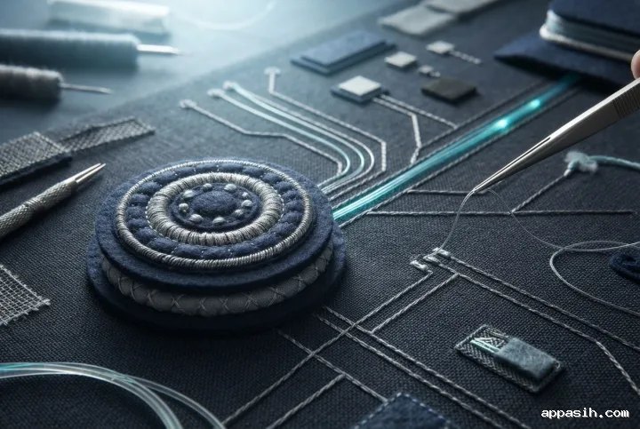Close three-quarter view of an embroidered quantum sensor being calibrated among conductive-thread circuitry, fiber-optic strands, and layered textile electronics.