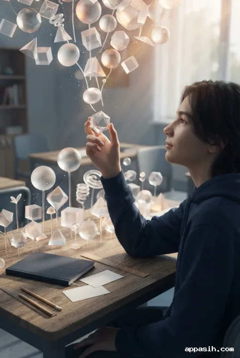 Student rotating a transparent geometric solid beneath a surreal floating geometry garden in a softly lit classroom.