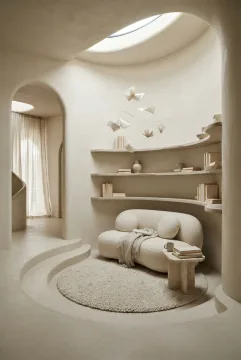 Surreal sunken reading alcove interior with curved cream plaster walls, sculptural seating, floating stone shelves, hovering paper forms, and soft skylight illumination.