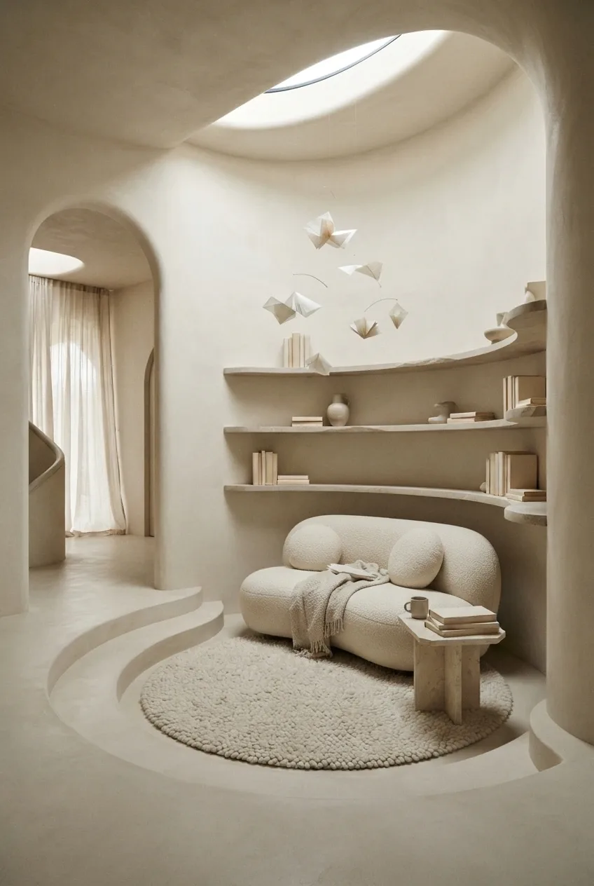 Surreal sunken reading alcove interior with curved cream plaster walls, sculptural seating, floating stone shelves, hovering paper forms, and soft skylight illumination.