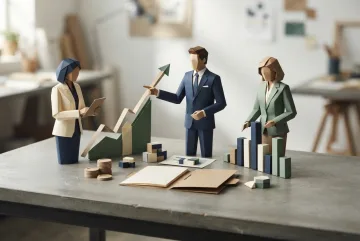Origami-style business professionals reviewing folded paper financial charts, coins, and budgeting elements on a strategy table.