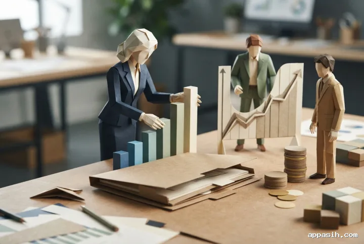 Closer origami-style financial strategy workshop with folded paper professionals adjusting charts beside paper coins and budgeting blocks.