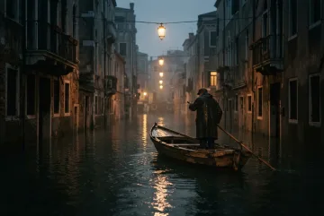 Lone ferryman steering a wooden boat through a flooded city street at night beneath surreal floating streetlights.