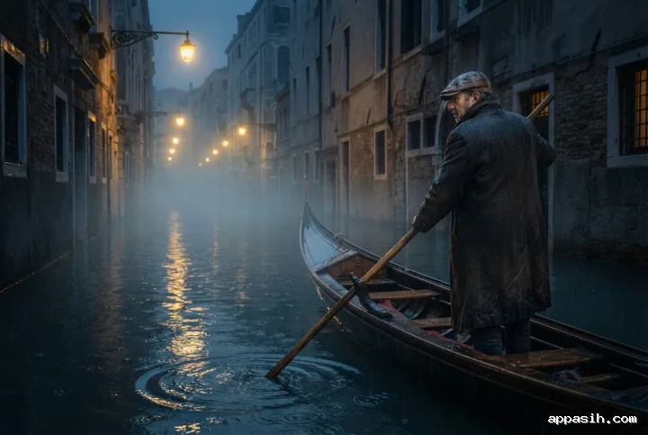 Closer three-quarter view of a lone ferryman guiding a wooden boat through the same flooded city street beneath glowing surreal floating streetlights.