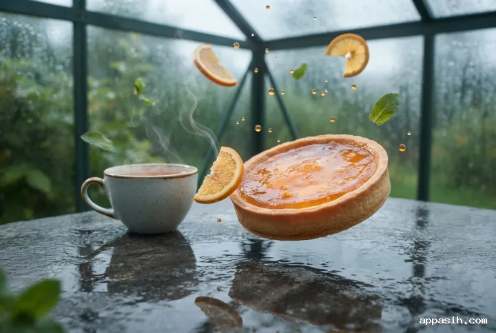 Surreal citrus tart floating above a wet stone table with suspended orange slices, mint, syrup droplets, and steaming tea in a rain-covered glasshouse.
