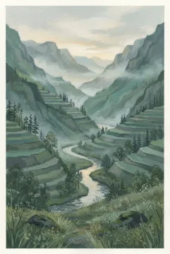 Gouache painting of a misty terraced valley at dawn with layered green hills, a winding stream, scattered trees, and soft golden light.