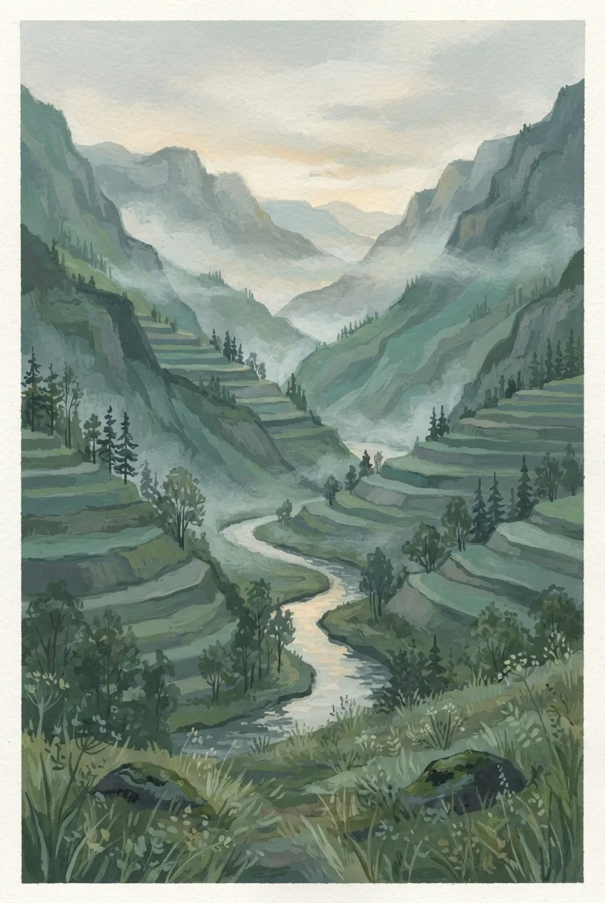 Gouache painting of a misty terraced valley at dawn with layered green hills, a winding stream, scattered trees, and soft golden light.