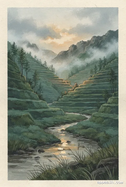 Detailed gouache painting of the same misty terraced valley at dawn from a lower viewpoint, with a curving stream, layered green slopes, scattered trees, and warm light filtering through low clouds.
