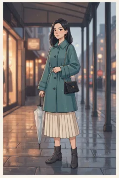Anime-inspired cartoon of a young woman in a teal tailored raincoat, cream pleated skirt, and ankle boots standing beneath a rainy city walkway with an umbrella.