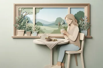 Paper cut illustration of an adult enjoying a mindful herbal tea ritual beside a window with layered plants and soft morning light.