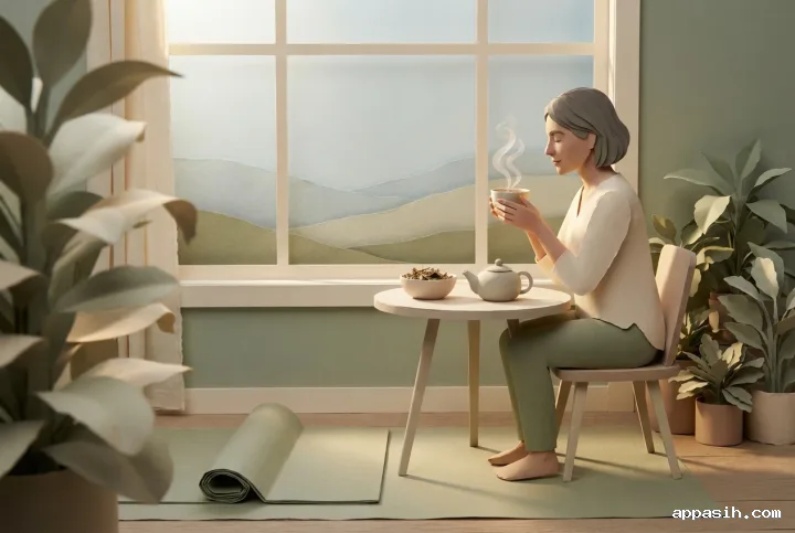 Three-quarter paper cut view of an adult lifting a cup during a quiet herbal tea mindfulness ritual beside layered plants and a softly lit window.