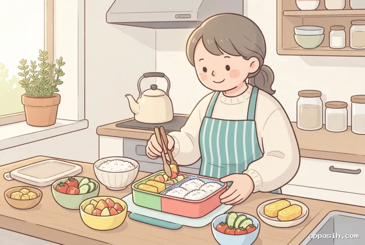 Kawaii cartoon young adult placing fruit into a homemade bento lunch at a cozy kitchen counter in warm morning light.