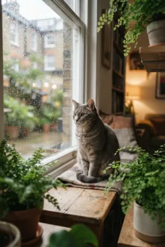 Warm gray domestic cat sitting beside a rain-speckled apartment window with green ferns in realistic editorial photography.