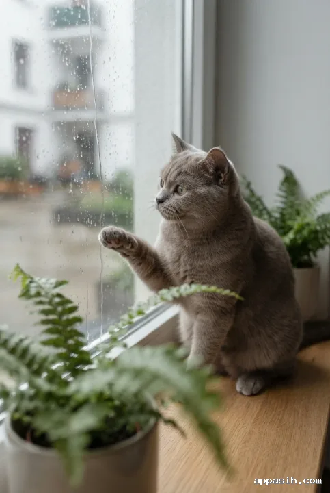 Warm gray domestic cat lifting one paw toward raindrops on an apartment window beside green ferns in detailed editorial photography.