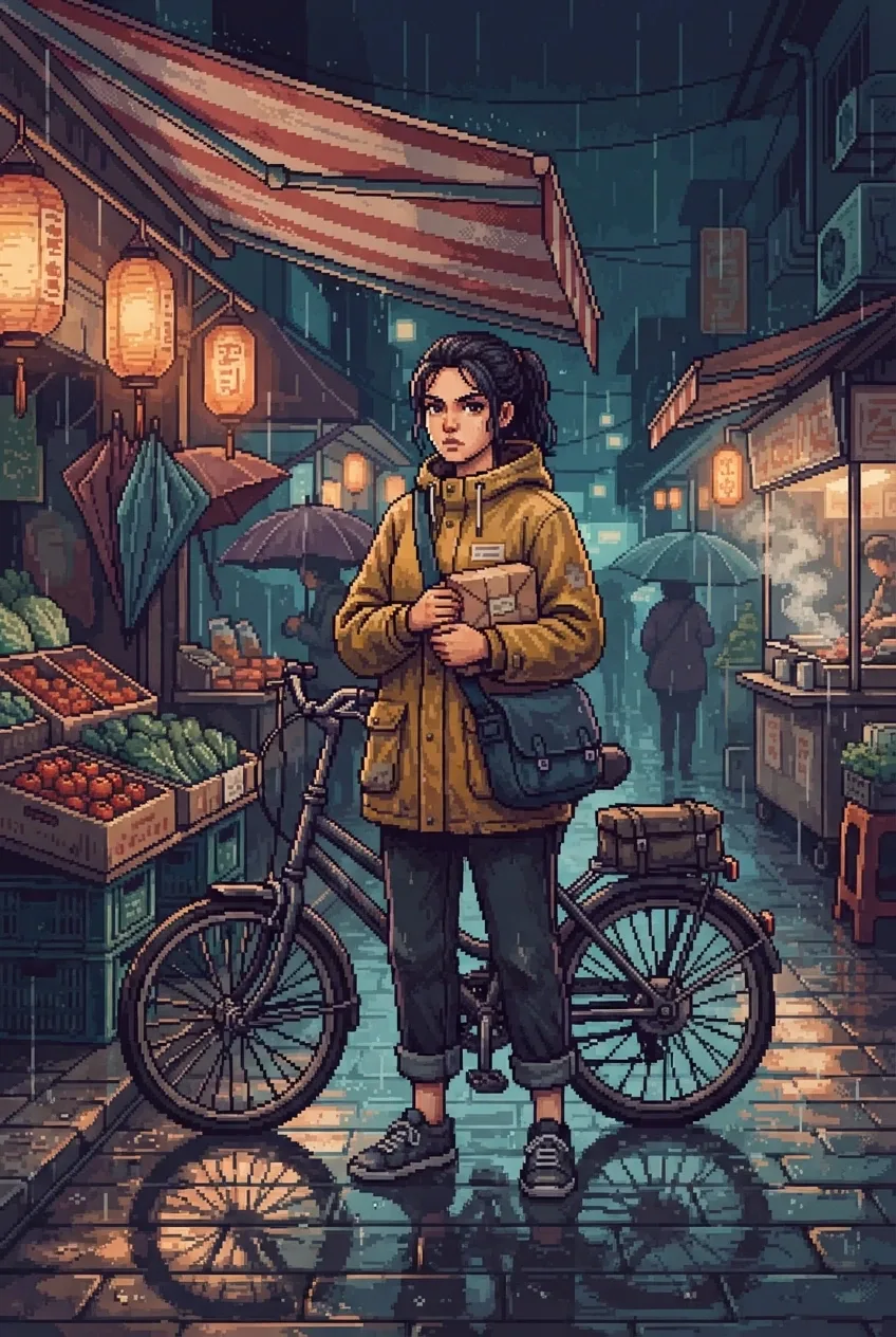 Young bicycle courier with a canvas satchel and paper parcel standing in a rainy neon night market rendered in retro pixel art.
