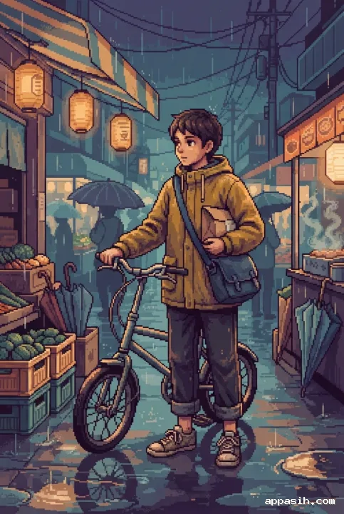 Bicycle courier securing a paper parcel beside a city bicycle under a rainy night market awning in detailed retro pixel art.