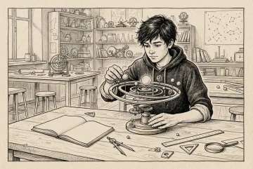 Ink drawing of a student rotating a mechanical astronomy model at a science classroom worktable.