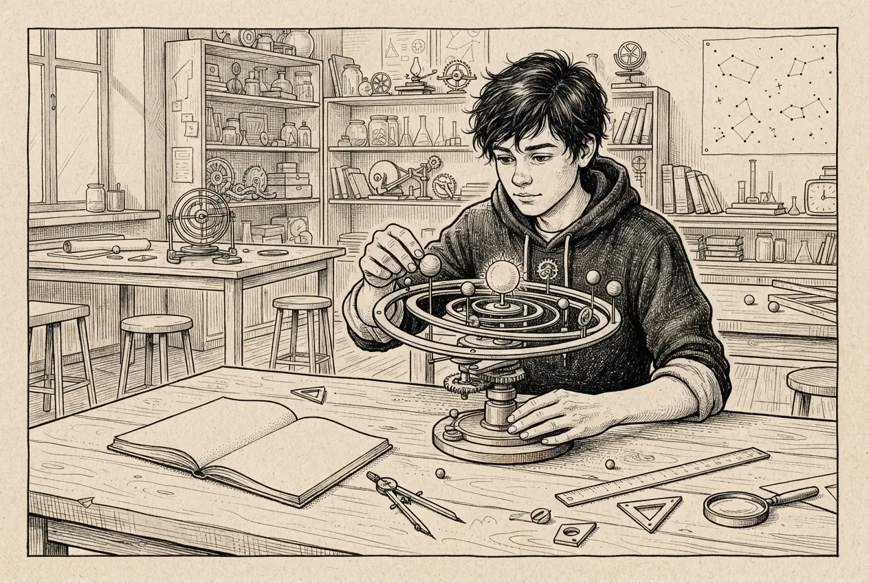 Ink drawing of a student rotating a mechanical astronomy model at a science classroom worktable.