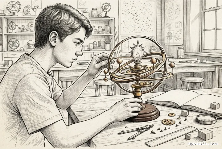 Detailed ink drawing of a student turning an orbital ring on a mechanical astronomy model in a science classroom workshop.