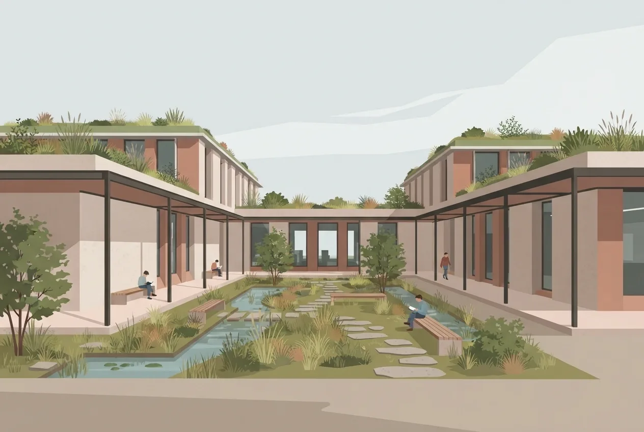 Flat illustration of a contemporary courtyard library with stepped green roofs, covered reading terraces, geometric facades, and a planted rain garden.