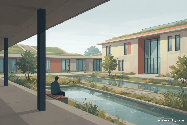 Closer flat illustration view of the same rain garden courtyard library, framed by a sheltered terrace with green roofs, geometric facades, readers, and shallow reflective water channels.
