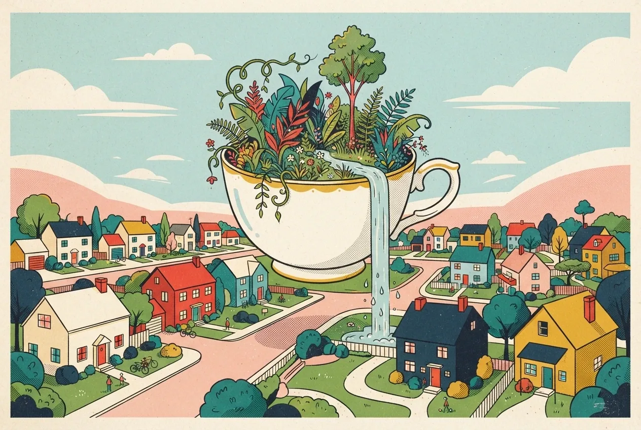 A giant floating teacup greenhouse above a geometric suburban neighborhood in Retro Pop Art style with halftone textures and bold screen-printed colors.