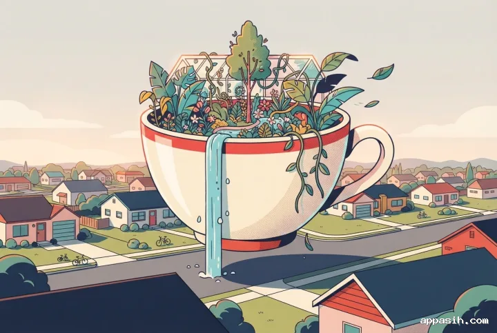 Closer three-quarter view of a giant floating teacup greenhouse above the same surreal suburb, rendered in Retro Pop Art with bold halftone shadows and screen-print textures.