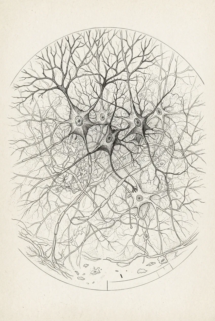 Portrait ink drawing of a microscopic neuron network with branching dendrites, interconnected cell bodies, and subtle laboratory microscopy details.