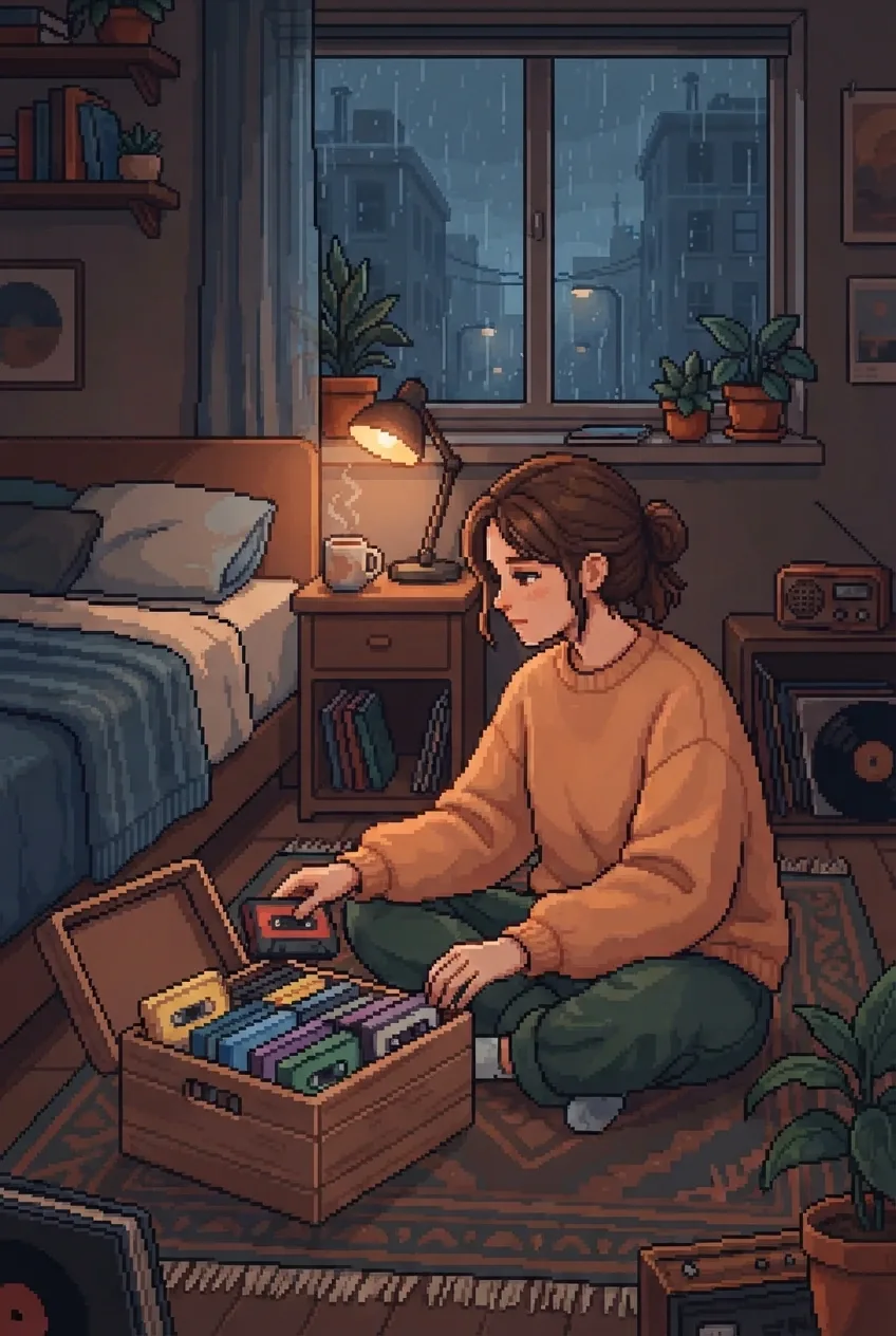 Young adult organizing cassette tapes on a bedroom rug during a rainy evening in warm Retro Pixel Art style.