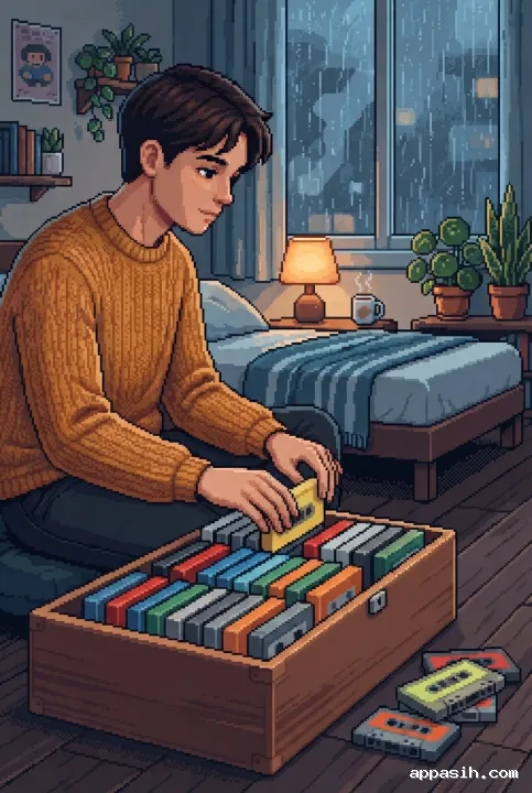 Closer three-quarter Retro Pixel Art view of a young adult placing cassette tapes into a wooden organizer in a cozy bedroom on a rainy evening.