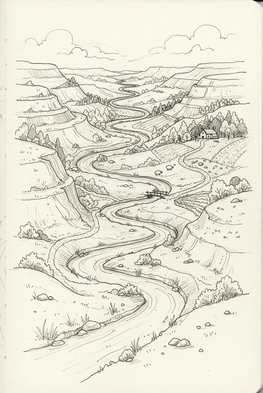 Hand-drawn doodle landscape of a winding river flowing through terraced hills with trees, footpaths, a small wooden bridge, and soft clouds.