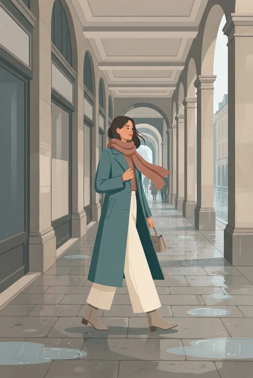 Woman in a long teal tailored coat and cream trousers walking beneath a rainy city arcade in a 2D Flat Illustration.