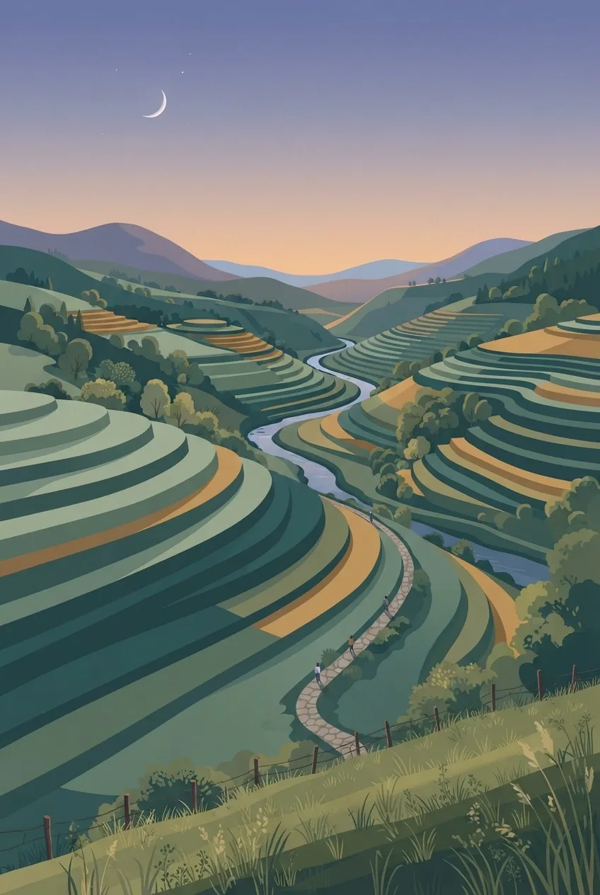 Flat illustration of a terraced valley with a winding river, layered hills, trees, and a crescent moon at dusk.