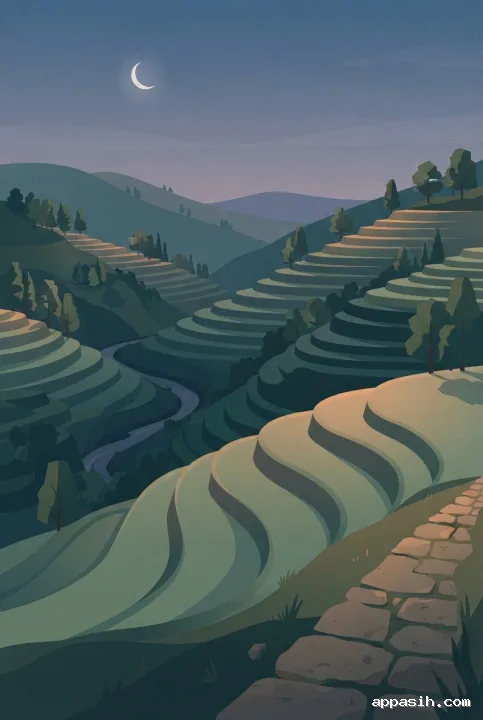 Flat illustration of the same terraced valley from a closer lower viewpoint, with a winding river, layered hills, crescent moon, and subtle warm light on the fields.