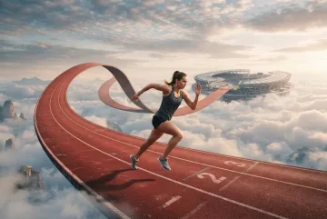 Surreal runner sprinting on a floating red stadium track above a sea of clouds.