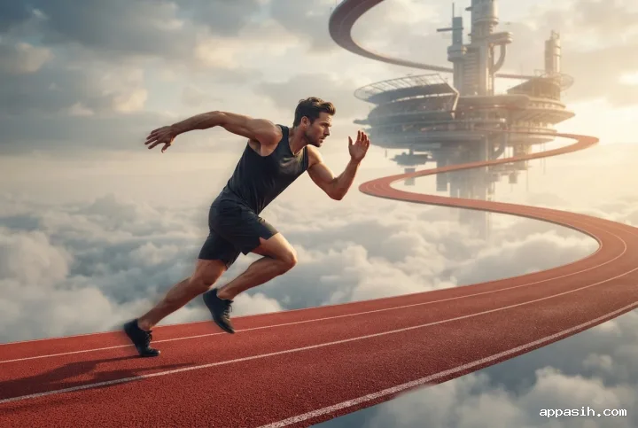 Surreal athlete sprinting from a close three-quarter view on a floating stadium track above illuminated clouds.