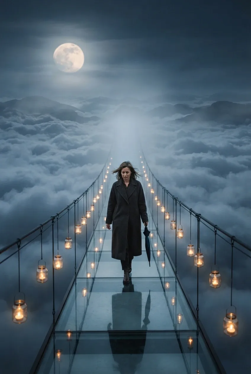 Woman walking across a floating glass bridge above moonlit clouds with glowing glass lanterns in a cinematic surreal dreamscape.