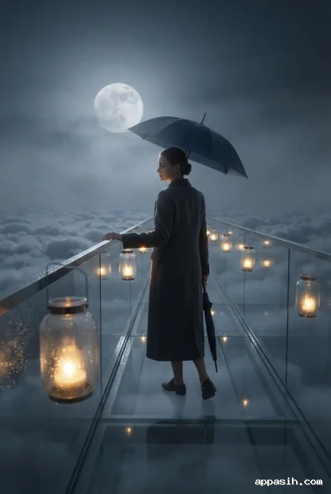 Woman pausing on a floating glass bridge above moonlit clouds beside glowing lanterns, viewed from a cinematic three-quarter rear angle.