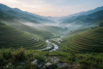 Mist-covered green terraced highlands at dawn with a reflective stream and layered mountain ridges in a photographic studio-style landscape.