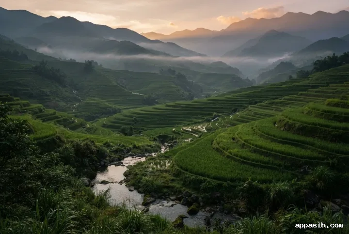 Closer three-quarter view of mist-covered terraced highlands at dawn, with wet foreground grasses, a reflective stream, and softly lit mountain ridges.