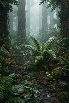 3D Voxel Art fireflies glowing among wet rainforest ferns, mossy stones, and mist after rain.