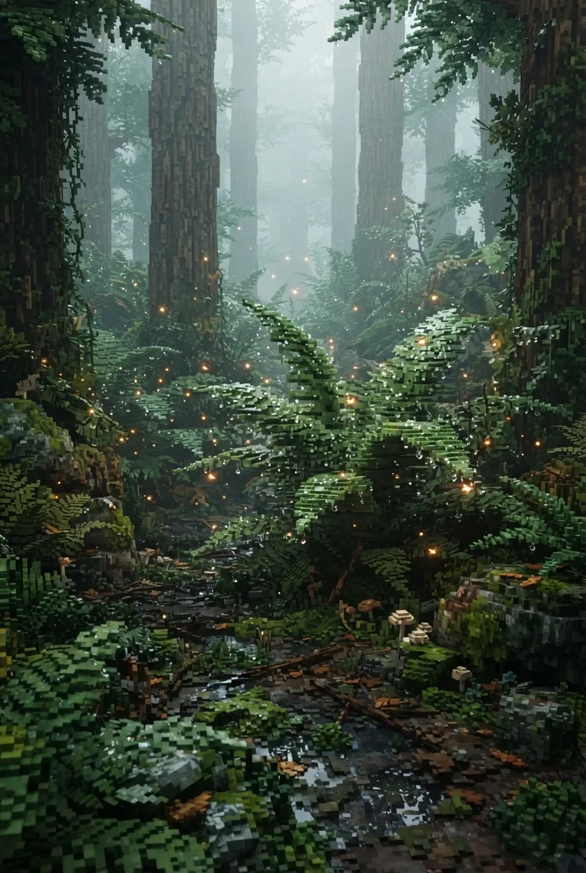 3D Voxel Art fireflies glowing among wet rainforest ferns, mossy stones, and mist after rain.
