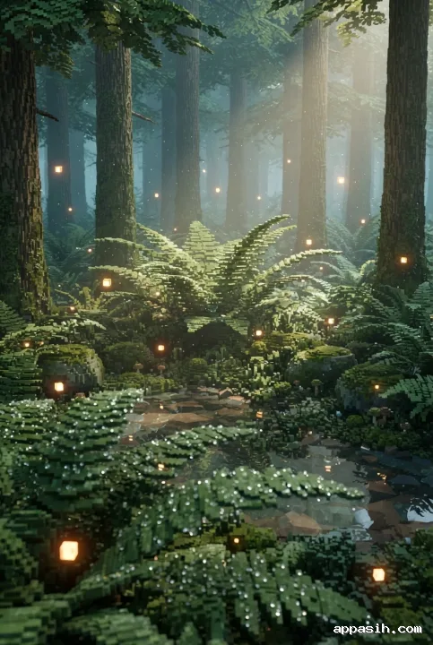 Detailed 3D Voxel Art rainforest fern grove with glowing fireflies, dew-covered foliage, mossy stones, puddles, and soft mist.