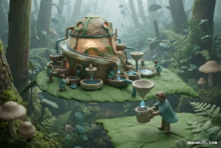 Detailed Clay 3D rainwater observatory on a giant forest leaf with tiny researchers measuring glowing droplets among misty oversized plants.