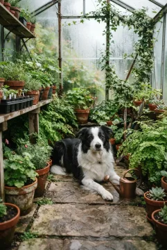 Black-and-white border collie resting beside terracotta pots and green seedlings in a misty greenhouse.